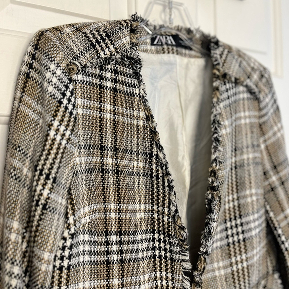 ZARA Tweed Frayed Plaid Blazer Cropped XS - Picture 6 of 16